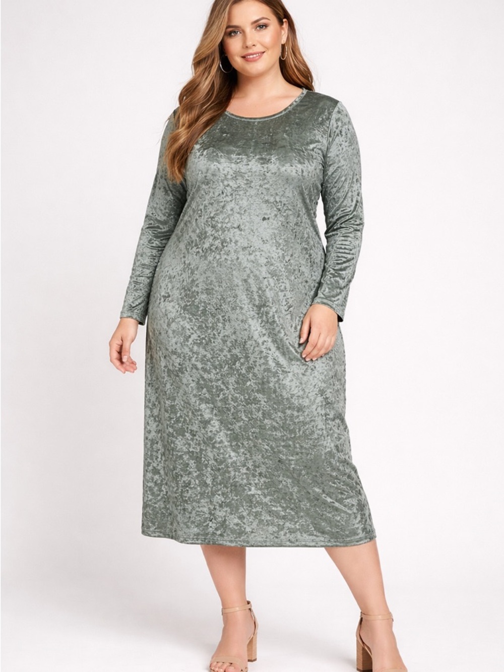 Piphany Crushed Velvet Dress 2X Green Midi Long Sleeve Plus Size Soft NWT